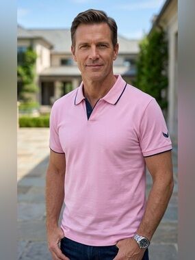 Nick Danger Men’s Pink Short Sleeve V-Neck Polo Shirt with Navy Blue Contrast